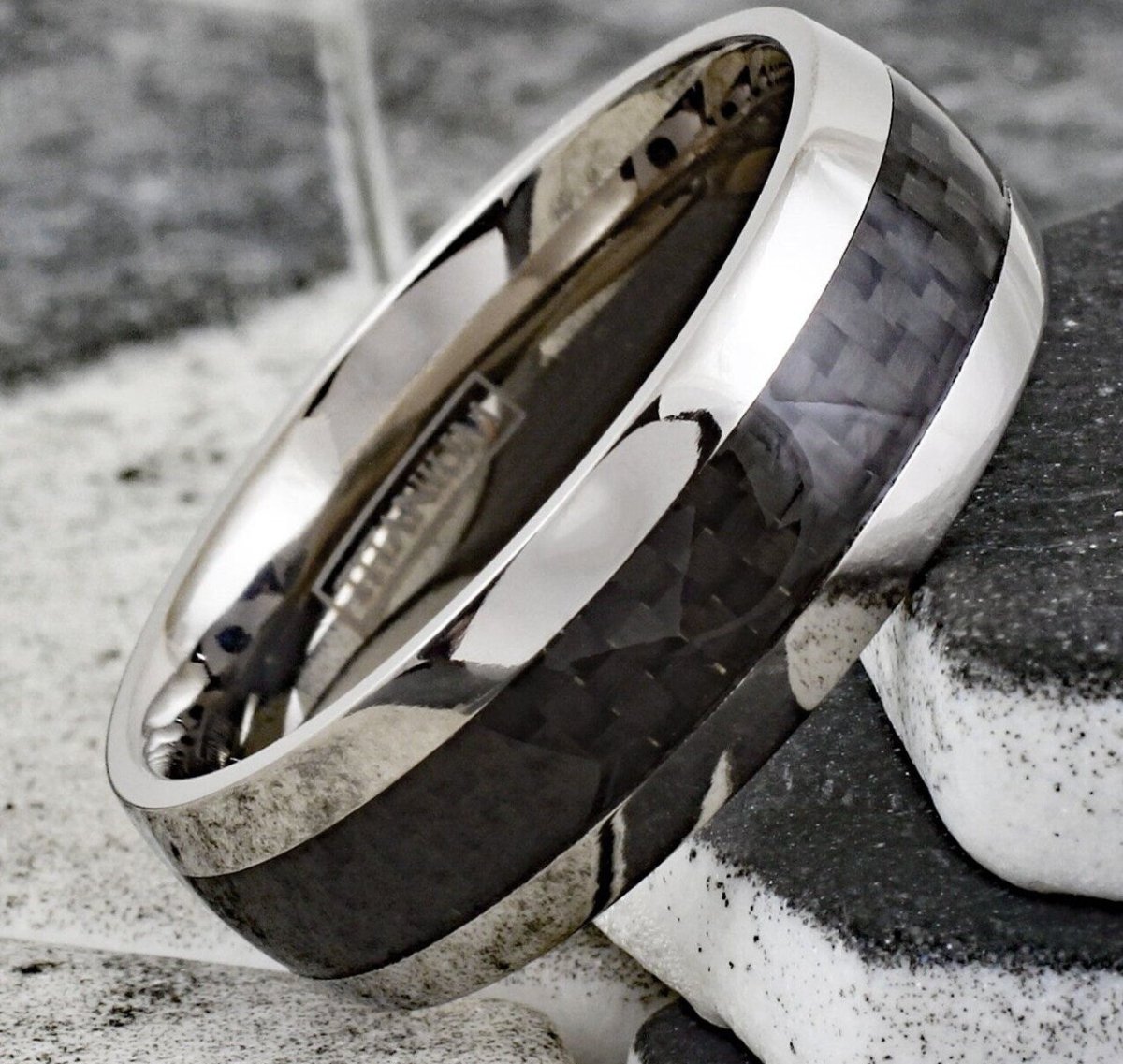 Black Fiber - Silver Titanium Ring with Carbon Fiber Inlay