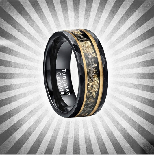 Gold Space - Black Hammered Tungsten Ring with Meteorite and Gold Foil Inlay