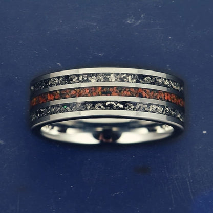 DinoMeteorite - Men's Silver Tungsten Meteorite Dinosaur Bone Ring