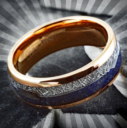 Golden Lapis - Rose Gold Tungsten Ring with Meteorite and Lapis Lazuli Inlay