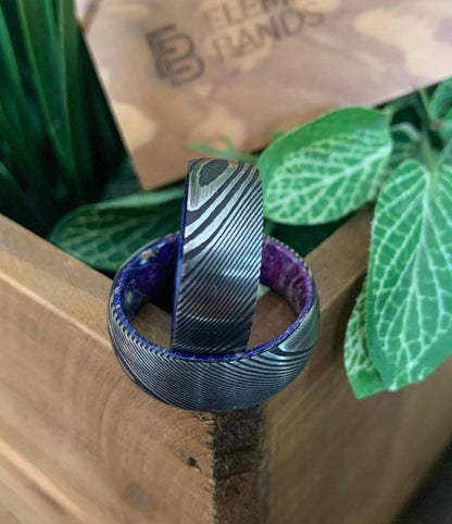 Purple Steel - Mens Damascus Steel Ring with Purple Elder Wood Sleeve