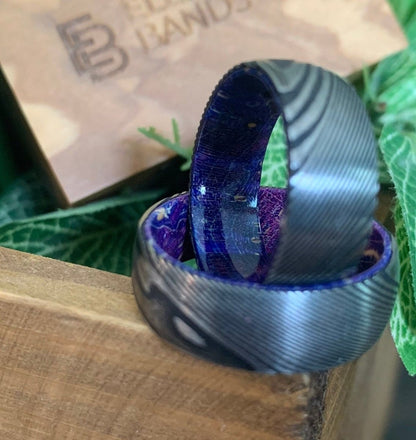 Purple Steel - Mens Damascus Steel Ring with Purple Elder Wood Sleeve
