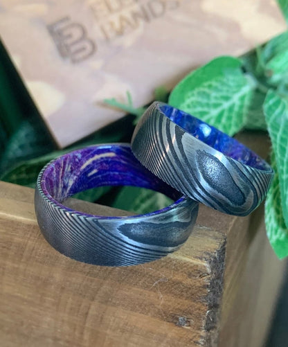 Purple Steel - Mens Damascus Steel Ring with Purple Elder Wood Sleeve
