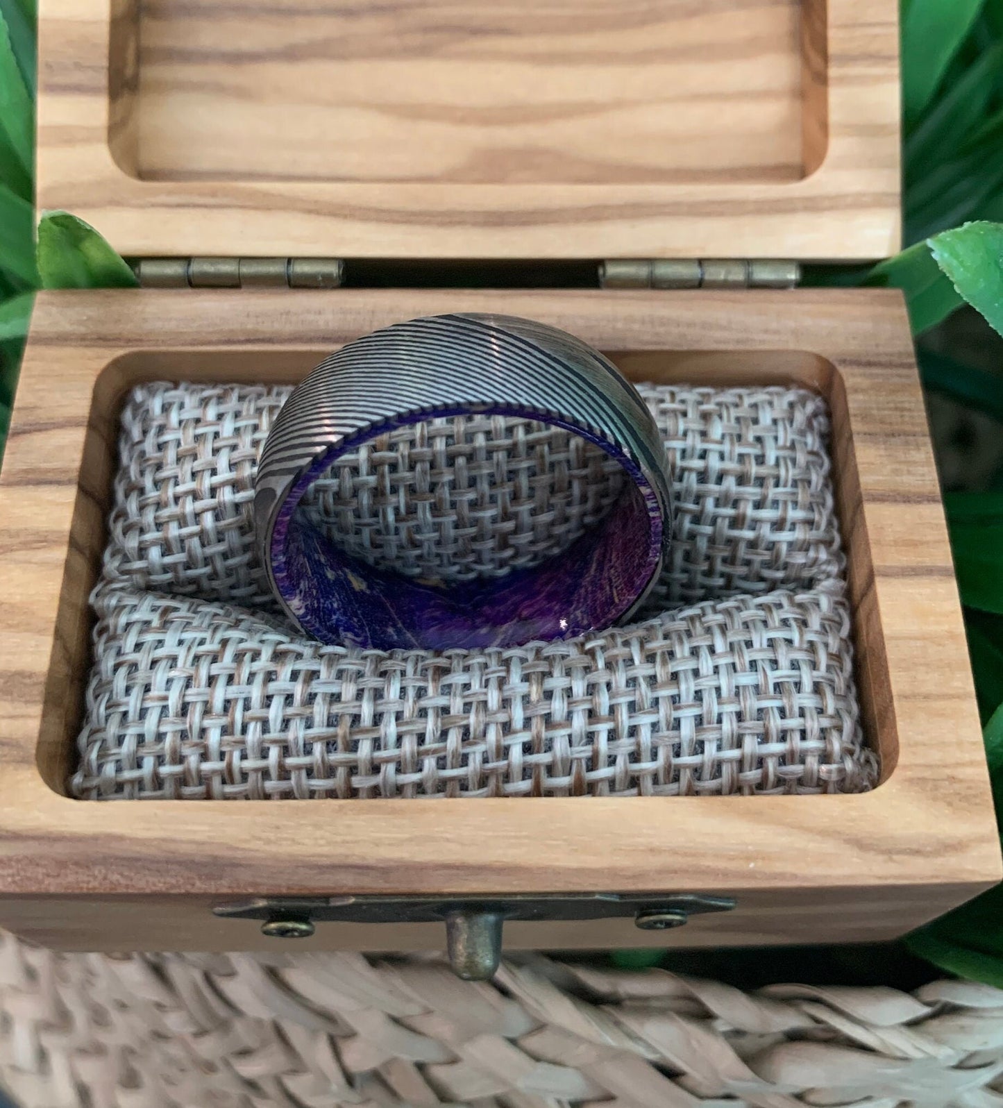 Purple Steel - Mens Damascus Steel Ring with Purple Elder Wood Sleeve