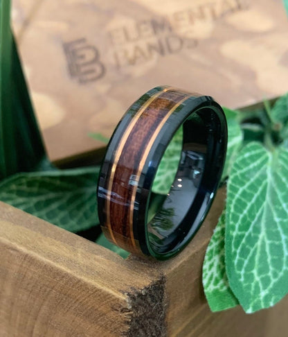 Exquisite Man - Black Tungsten Wedding Band with Rose Gold and Koa Wood Inlay