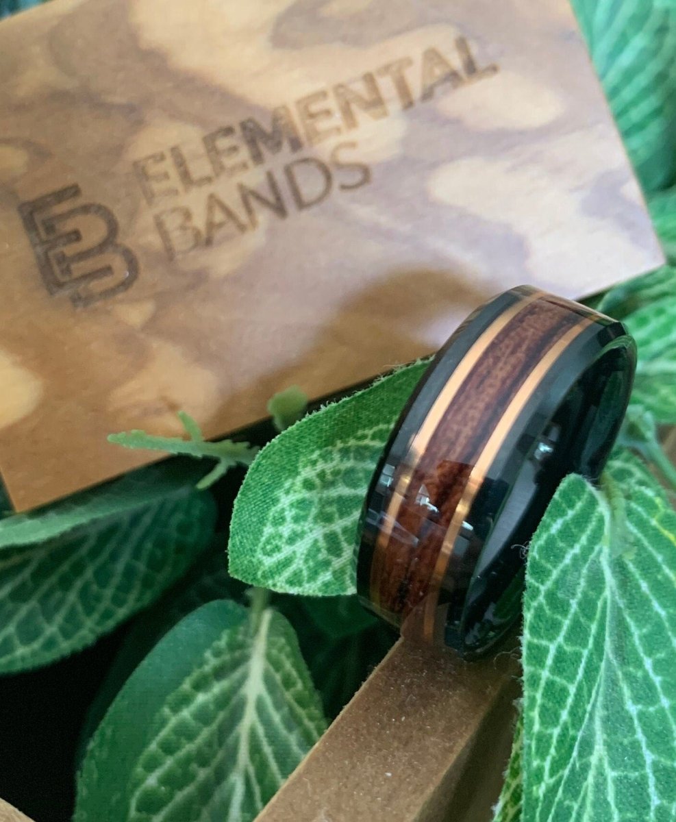 Exquisite Man - Black Tungsten Wedding Band with Rose Gold and Koa Wood Inlay