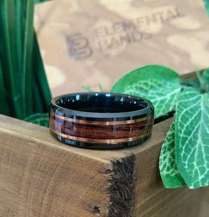 Exquisite Man - Black Tungsten Wedding Band with Rose Gold and Koa Wood Inlay