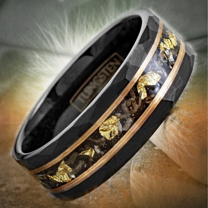 Gold Space - Black Hammered Tungsten Ring with Meteorite and Gold Foil Inlay