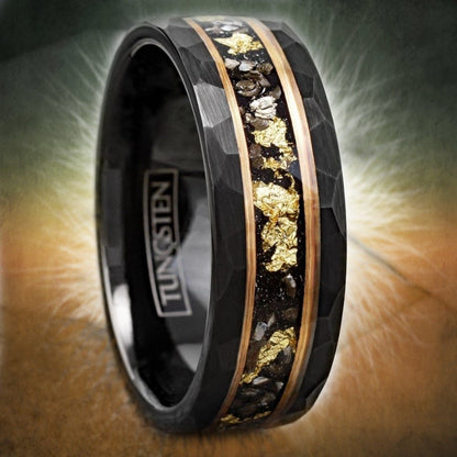 Gold Space - Black Hammered Tungsten Ring with Meteorite and Gold Foil Inlay