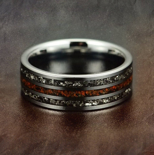 DinoMeteorite - Men's Silver Tungsten Meteorite Dinosaur Bone Ring