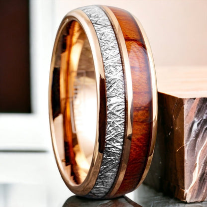 Space Wood - Rose Gold Koa Wood and Meteorite Ring