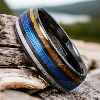 black tungsten men's wedding band with whiskey barrel, deer antler, and blue fishing line ring