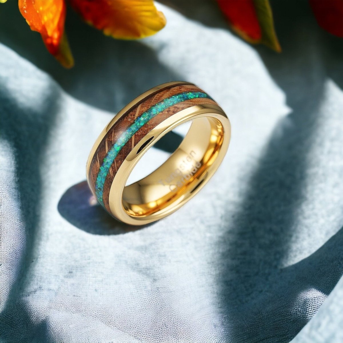 Men's gold tungsten whiskey barrel ring with green opal inlay