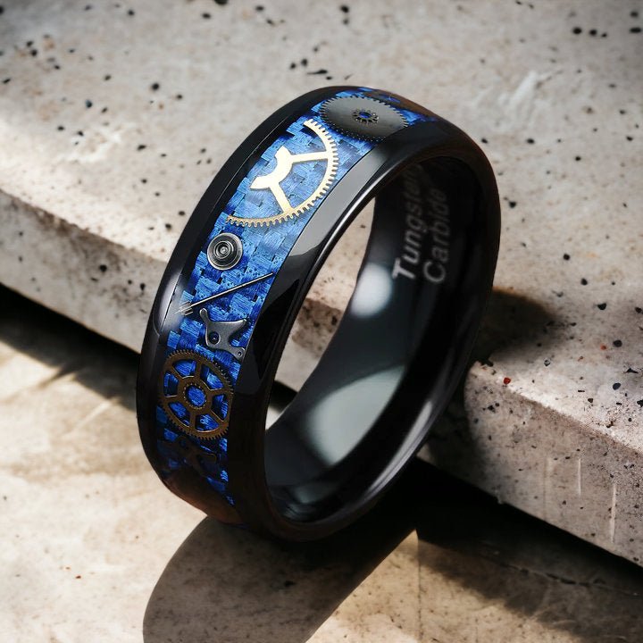 Blue Gears - Black Tungsten Steampunk Ring with Blue Carbon Fiber Inlay