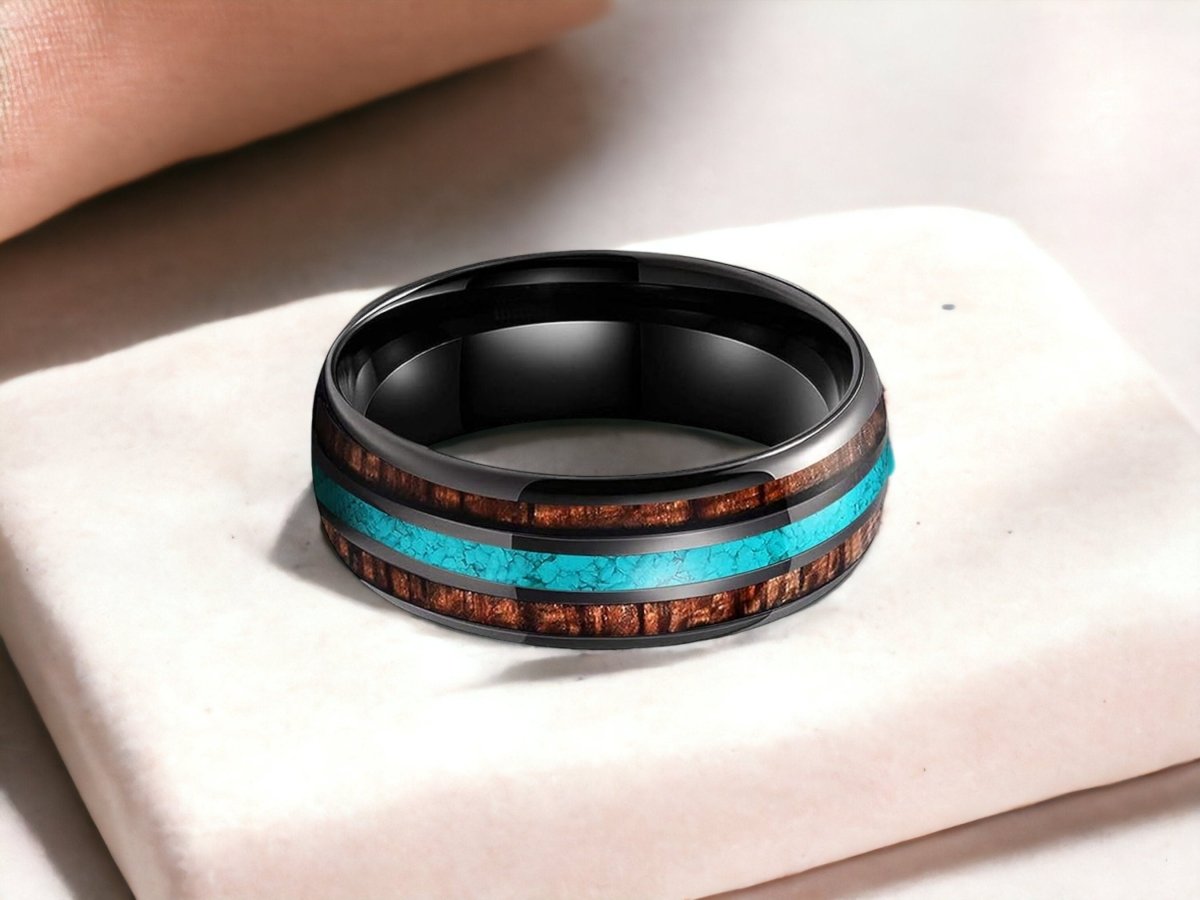 Crushed Ice - Black Tungsten Ring with Koa Wood and Turquoise Center Inlay