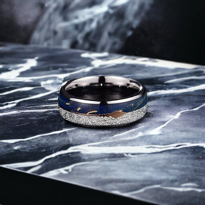 Space Arrow - Silver Tungsten Arrow Ring with Meteorite and Blue Wood Inlay