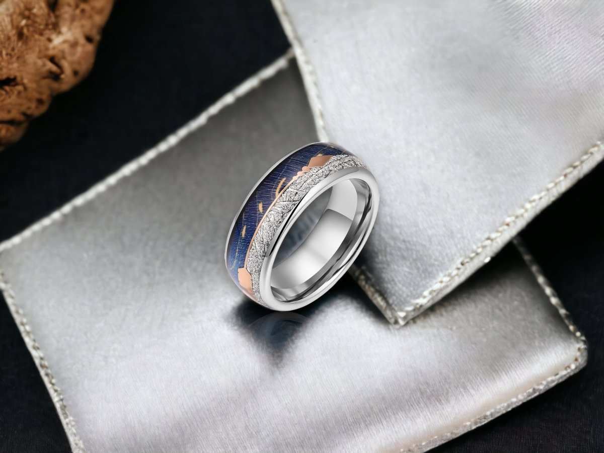 Space Arrow - Silver Tungsten Arrow Ring with Meteorite and Blue Wood Inlay