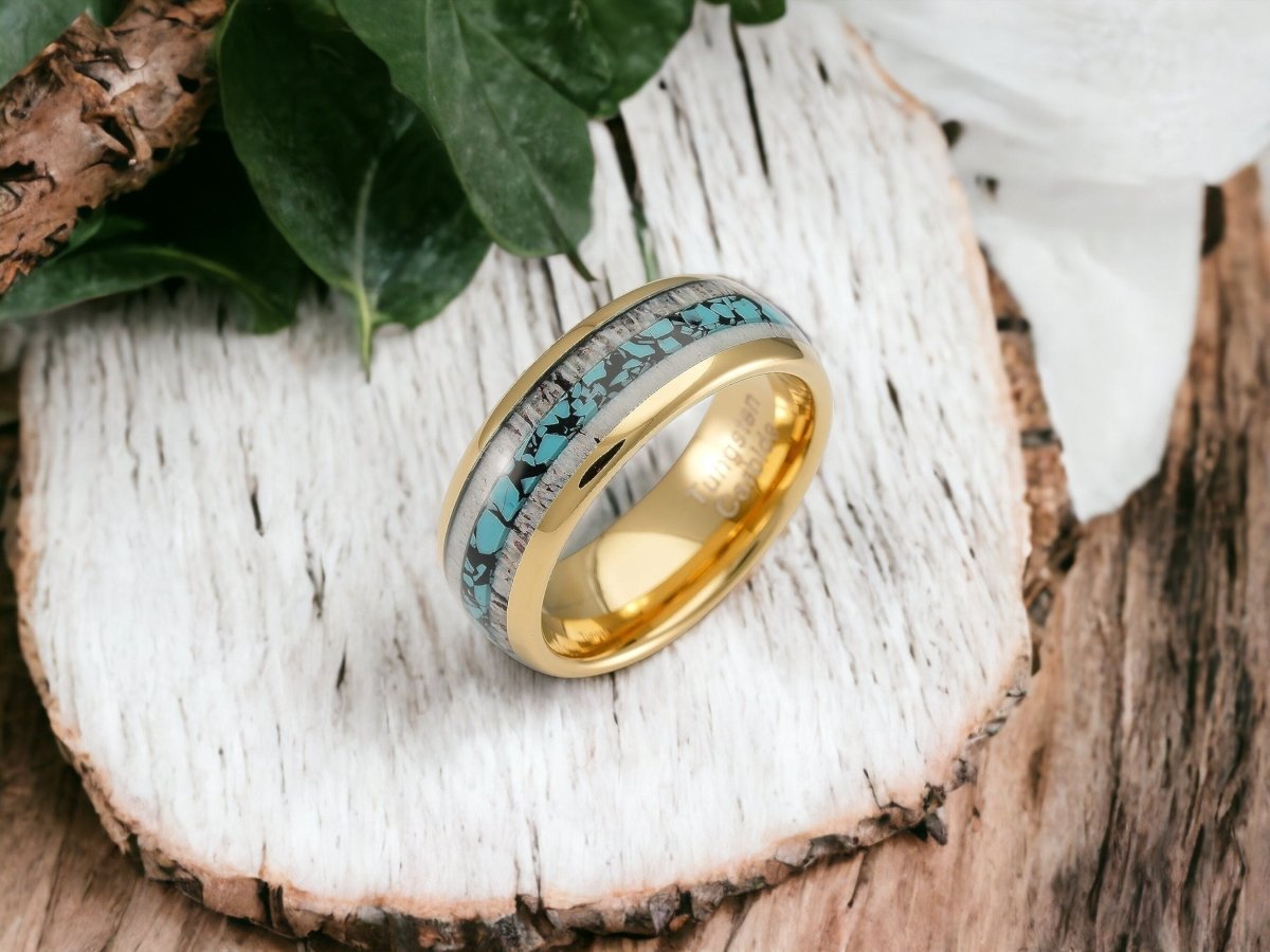 Elegant Hunter - Gold Tungsten Deer Antler Ring with Turquoise Center Inlay