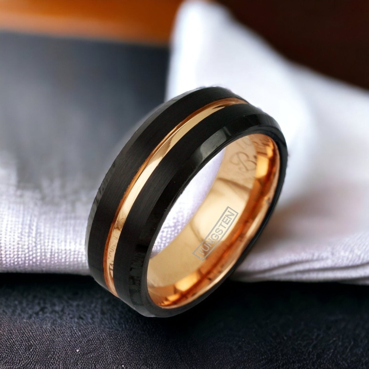 Lux Man - Black and Rose Gold Tungsten Wedding Band
