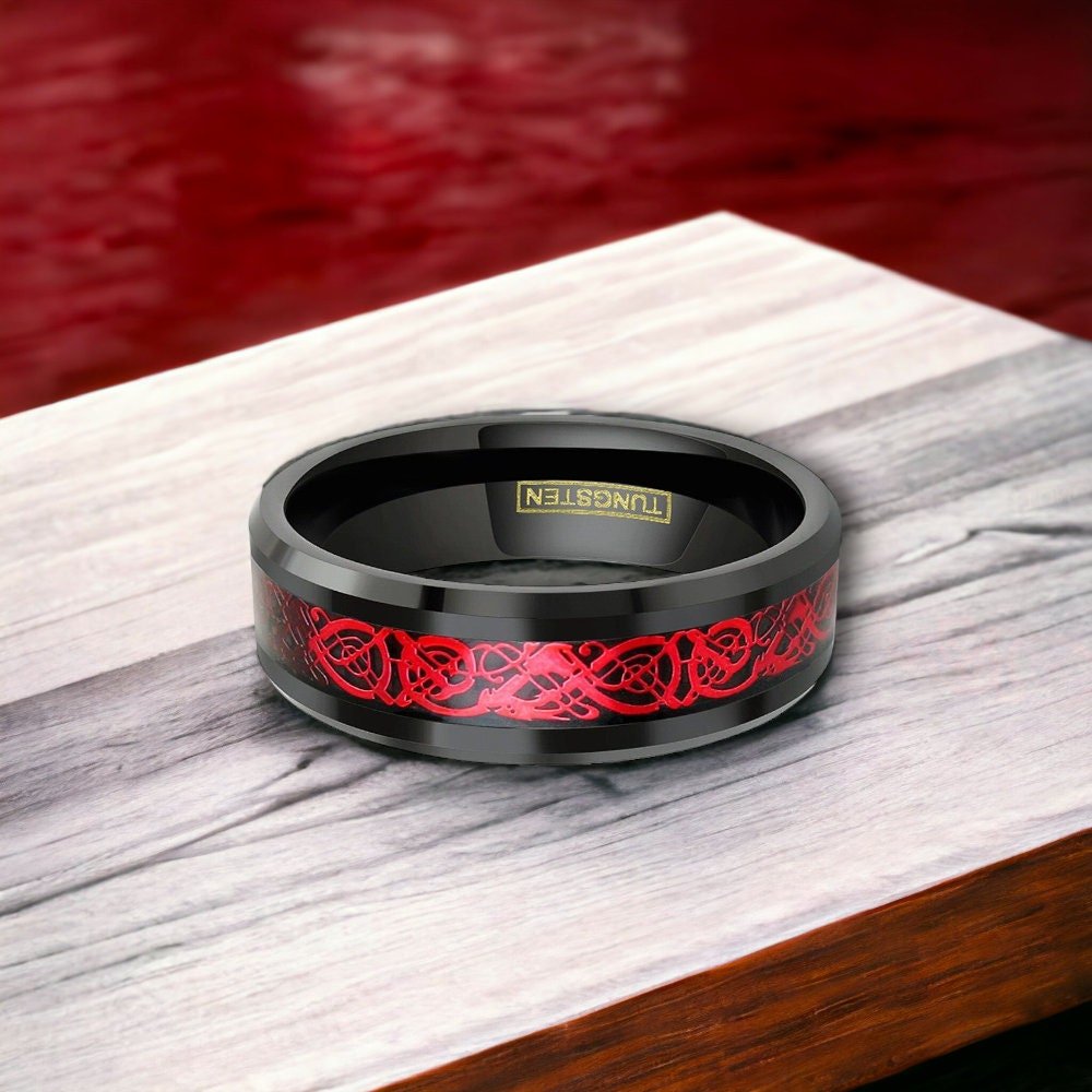 Red and black men's wedding band with dragon inlay
