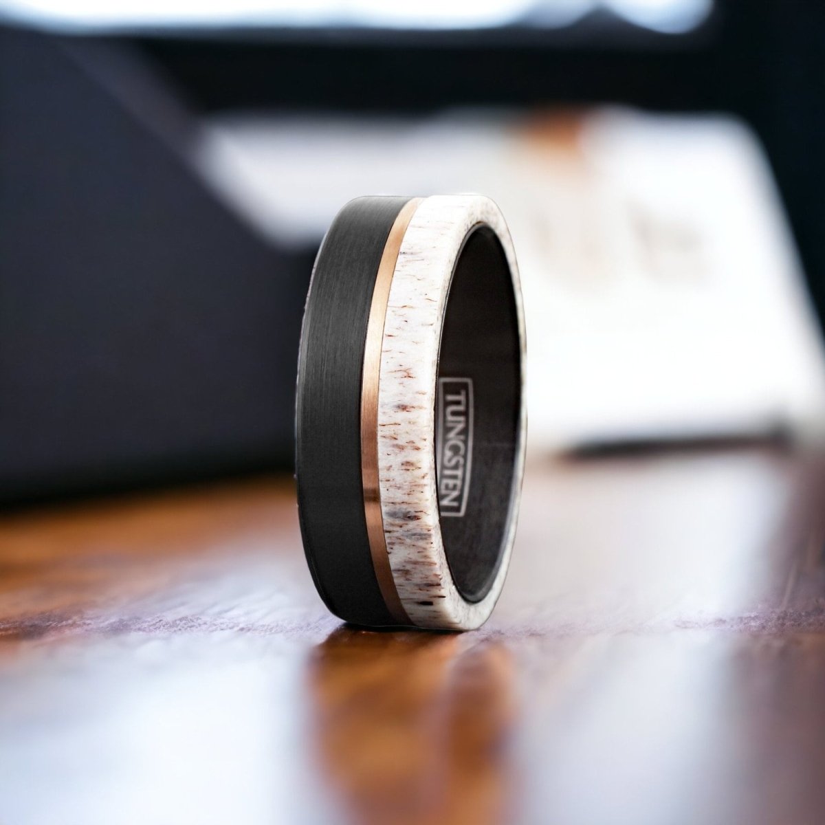 Sophisticated Class - Black Tungsten Deer Antler Ring with Rose Gold Stripe