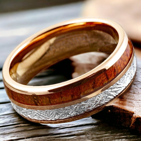Space Wood - Rose Gold Koa Wood and Meteorite Ring