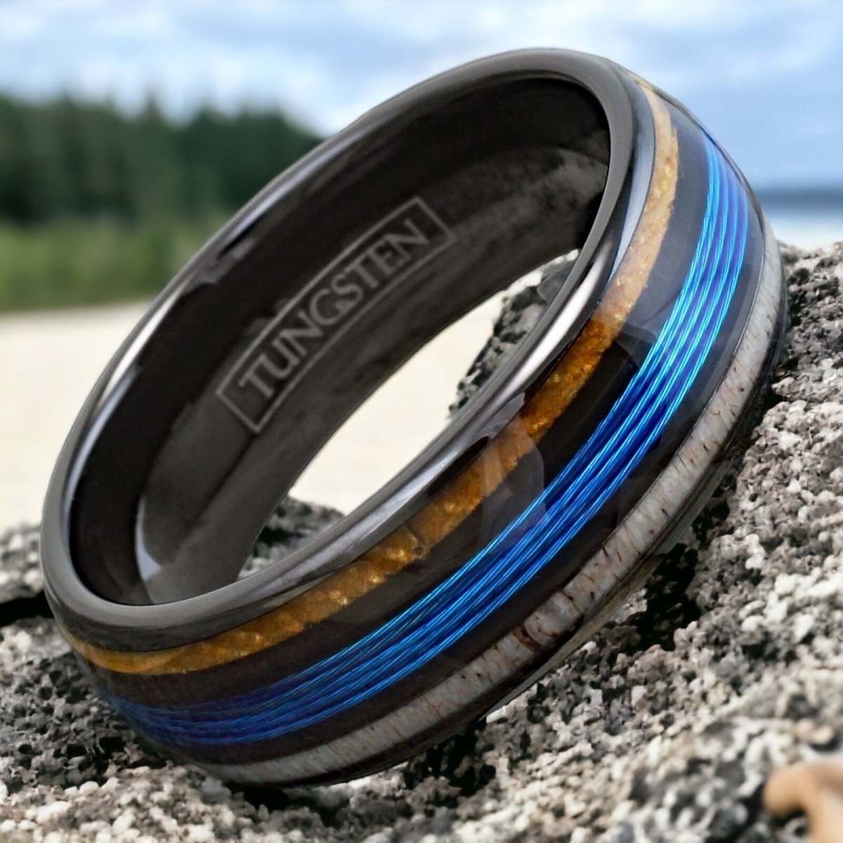 Nature Line - Fishing Line Ring with Whiskey Barrel Deer Antler Inlay ...