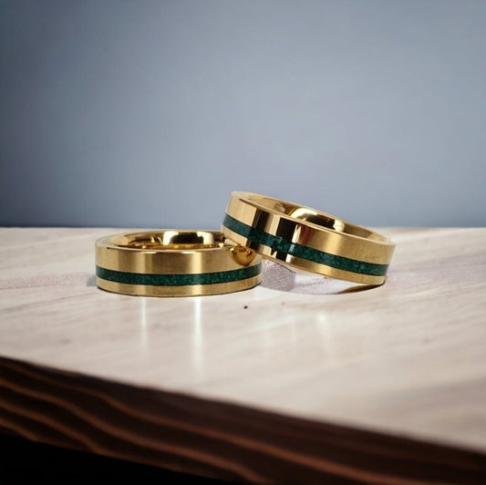 Gold and green tungsten 8mm men's wedding band with Malachite Inlay.