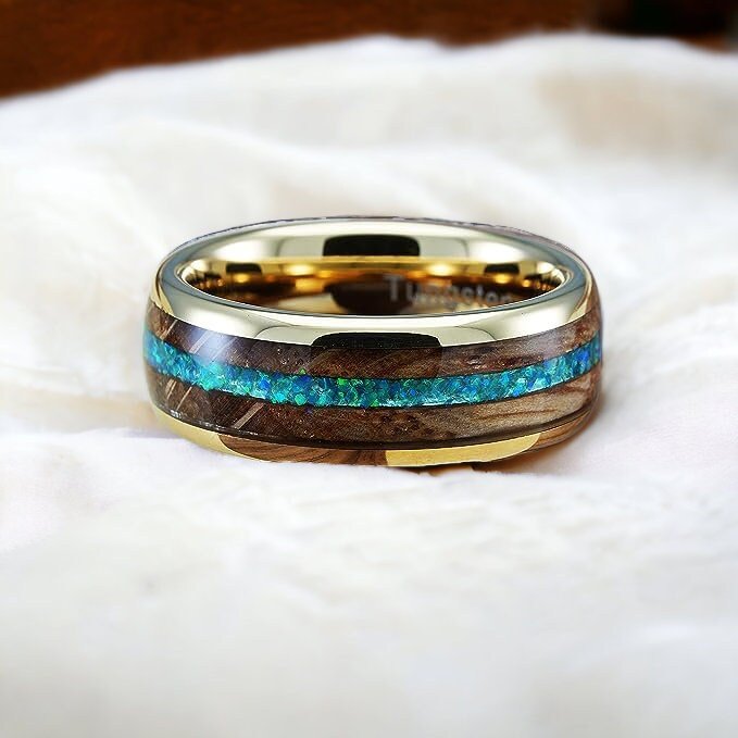 8mm gold tungsten whiskey barrel and green opal wedding band