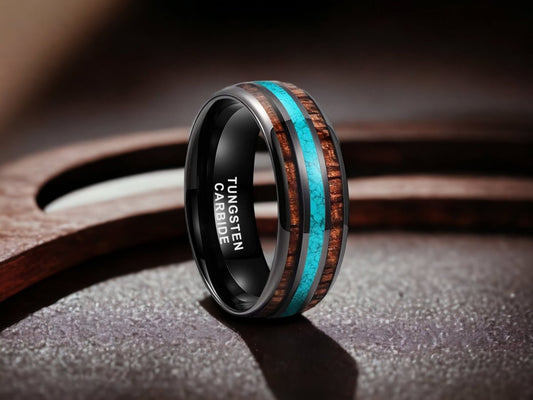 Crushed Ice - Black Tungsten Ring with Koa Wood and Turquoise Center Inlay