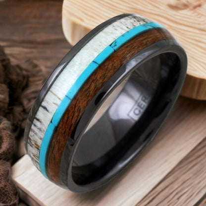 Natural Class - Black Ceramic Ring with Turquoise, Deer Antler, and Koa Wood Inlay
