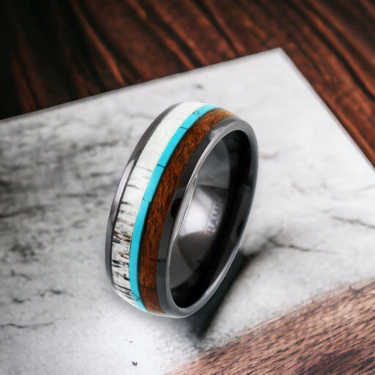 Natural Class - Black Ceramic Ring with Turquoise, Deer Antler, and Koa Wood Inlay