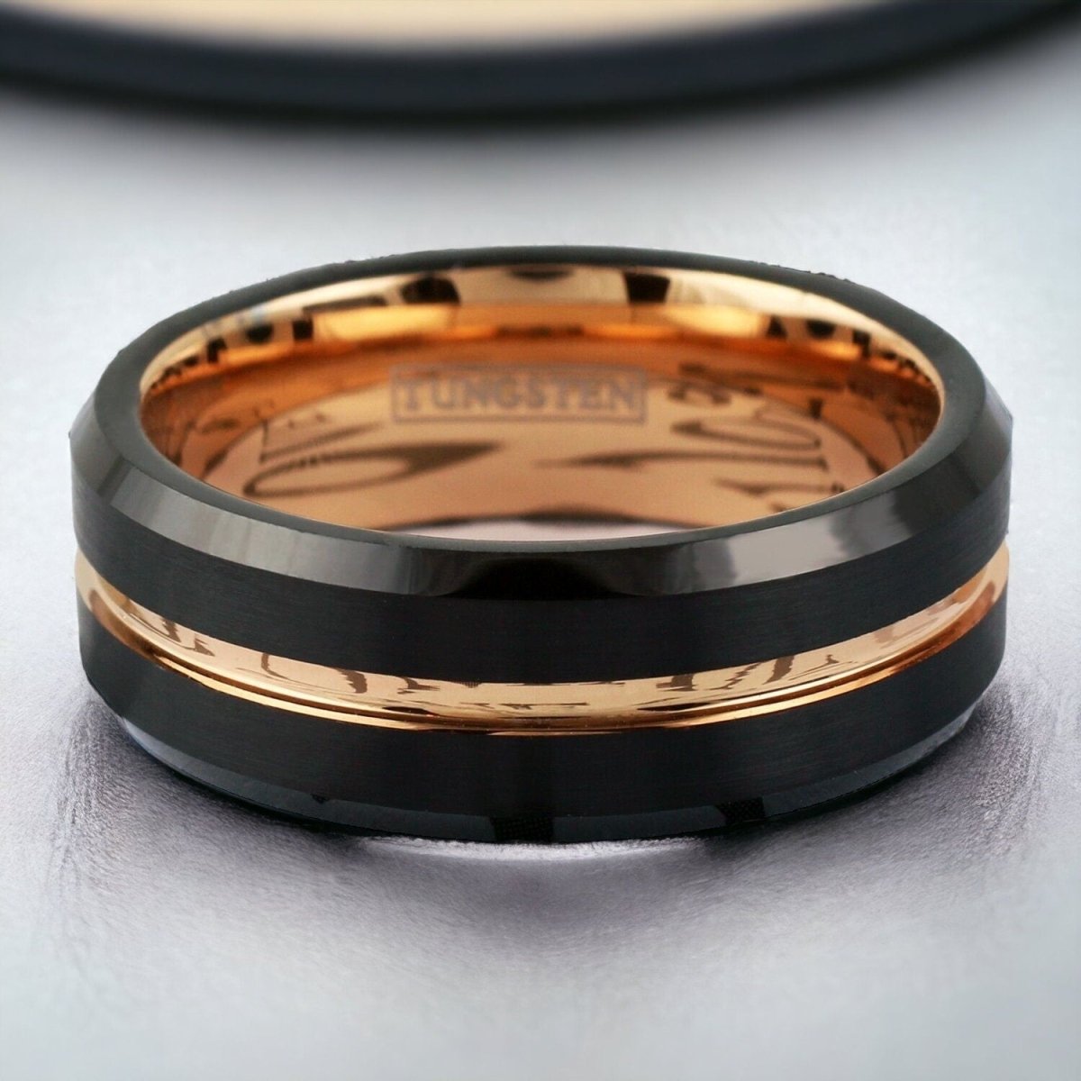 Lux Man - Black and Rose Gold Tungsten Wedding Band