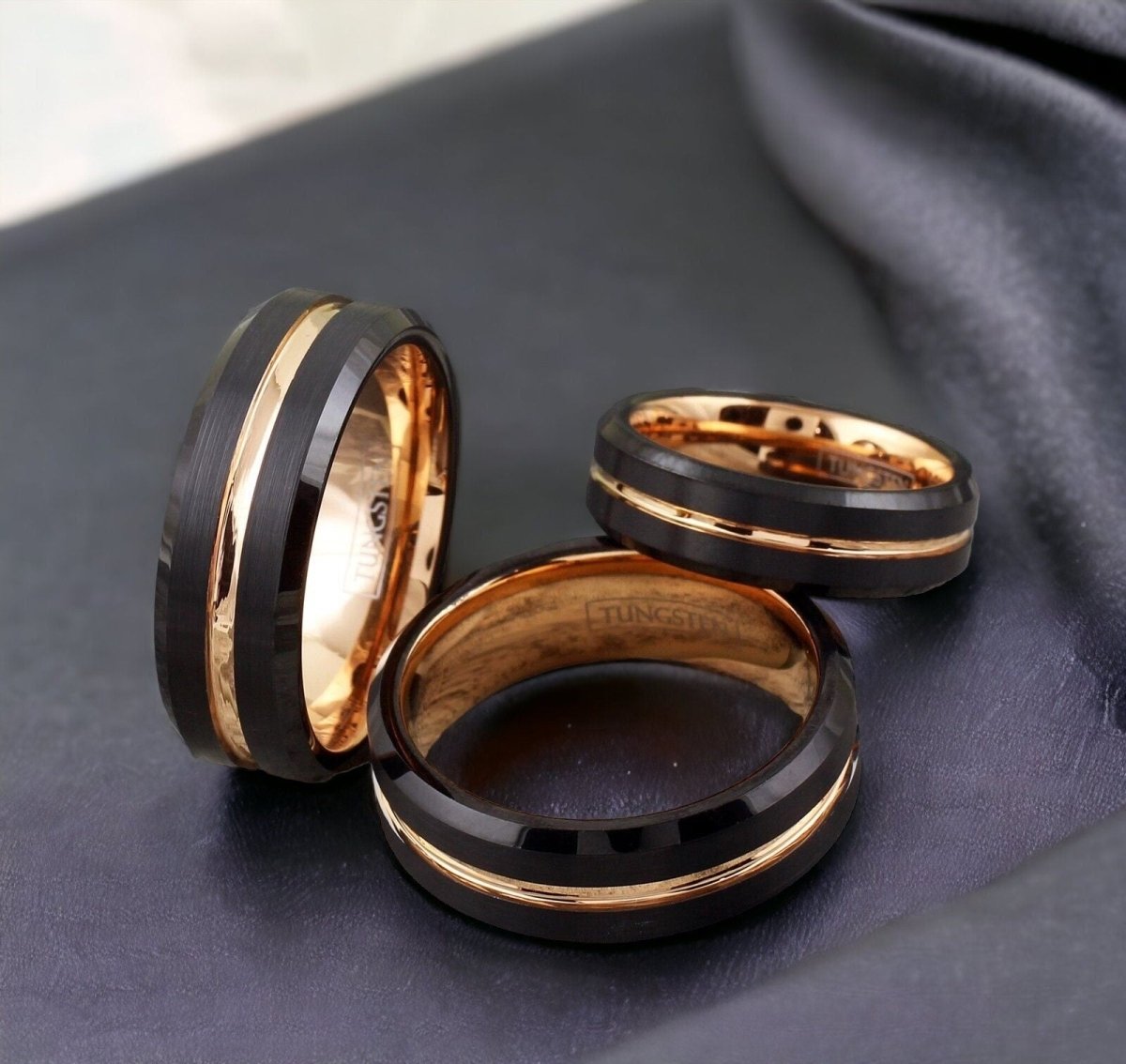 Lux Man - Black and Rose Gold Tungsten Wedding Band