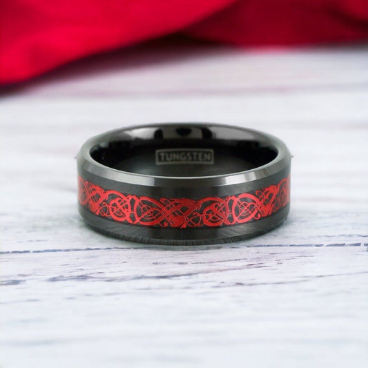 black and red tungsten wedding band with Celtic dragon inlay