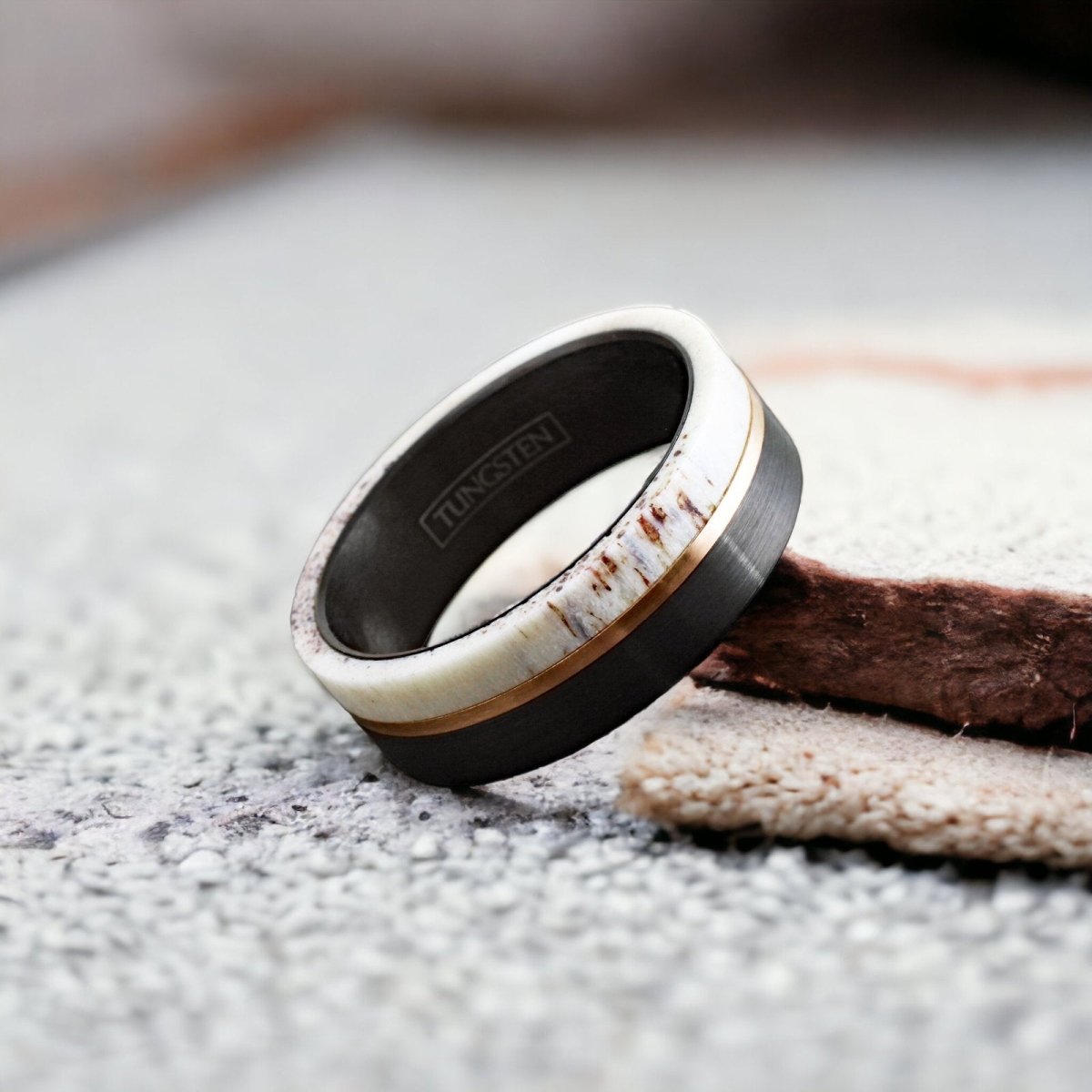 Sophisticated Class - Black Tungsten Deer Antler Ring with Rose Gold Stripe