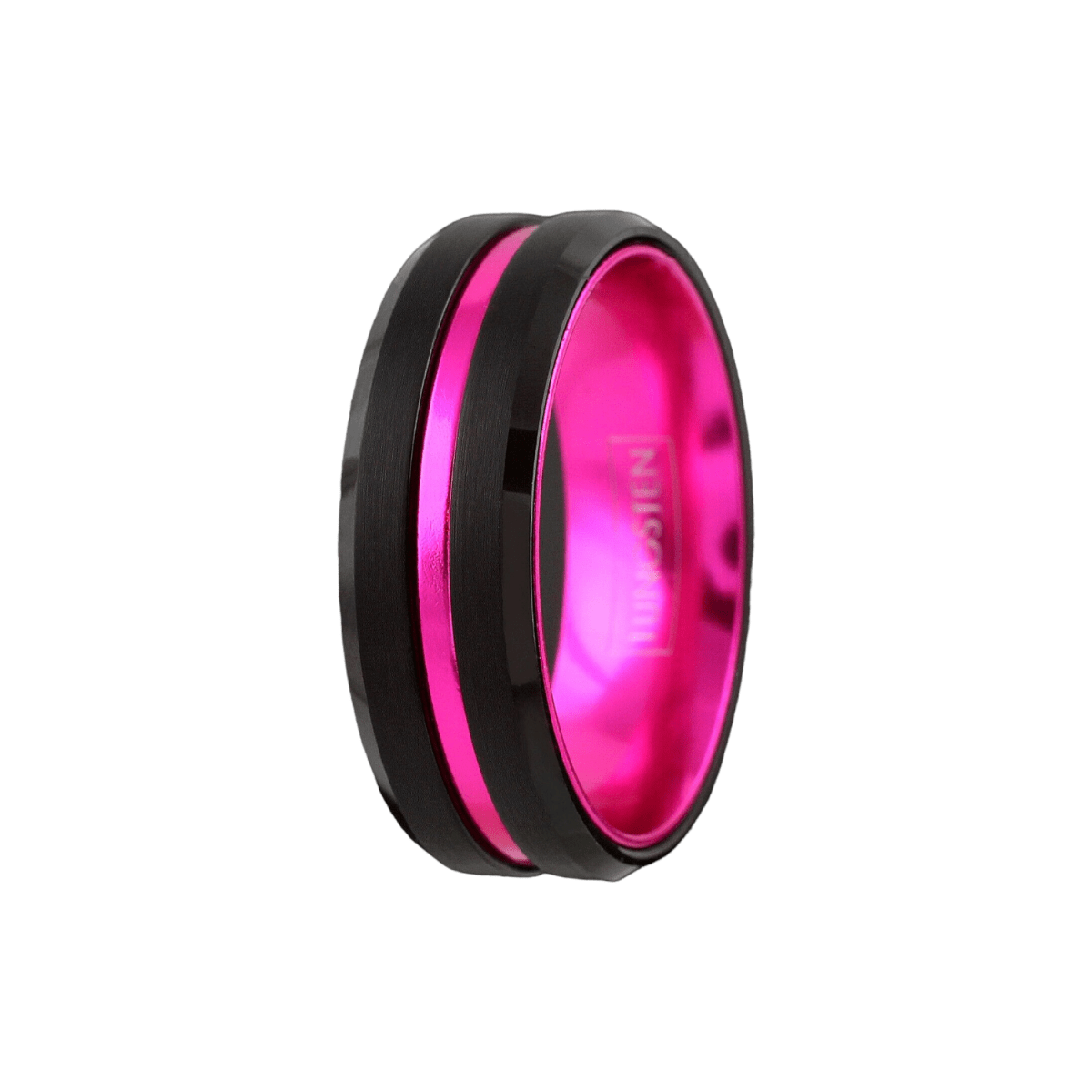 Pink and black tungsten wedding band with beveled edges