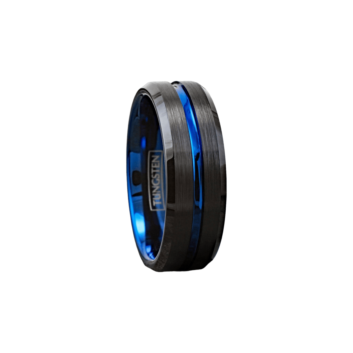 Thin blue line wedding ring with black beveled edges and a blue inner sleeve.