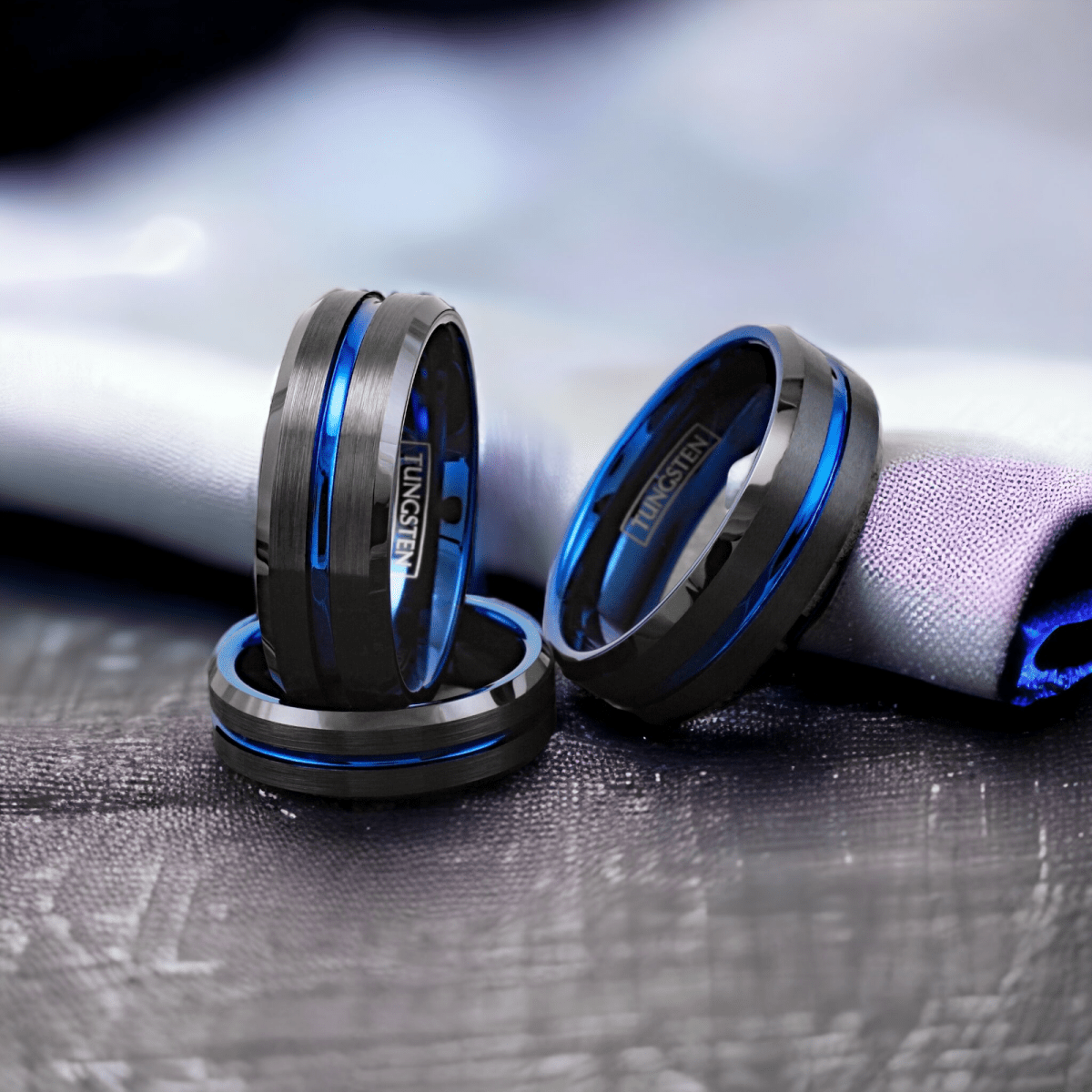 Police and law enforcement officer ring with thin blue line and black tungsten beveled edges.