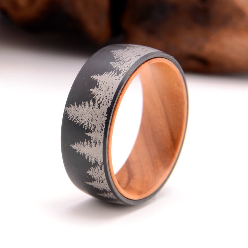 Black Olive - Black Tungsten Forest Wedding Band with Olive Wood Sleeve