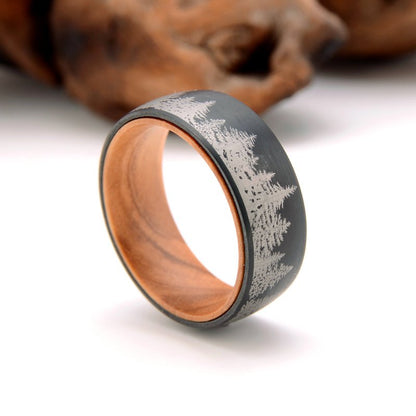 Black Olive - Black Nature Ring Tungsten Forest Wedding Band with Olive Wood Sleeve