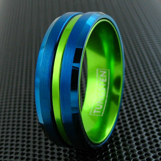 The Sea Hawk - Neon Green and Blue Tungsten Ring