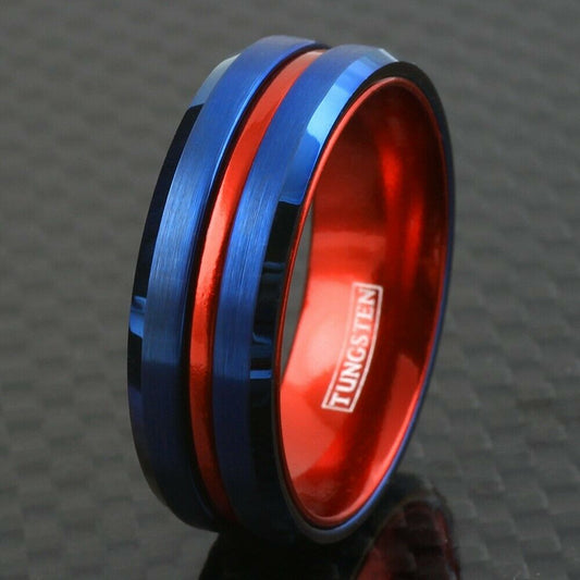 Super Hero - Red and Blue Tungsten Ring with Red Stripe