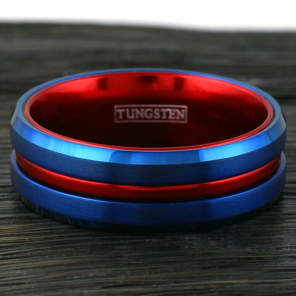 Super Hero - Red and Blue Tungsten Ring with Red Stripe