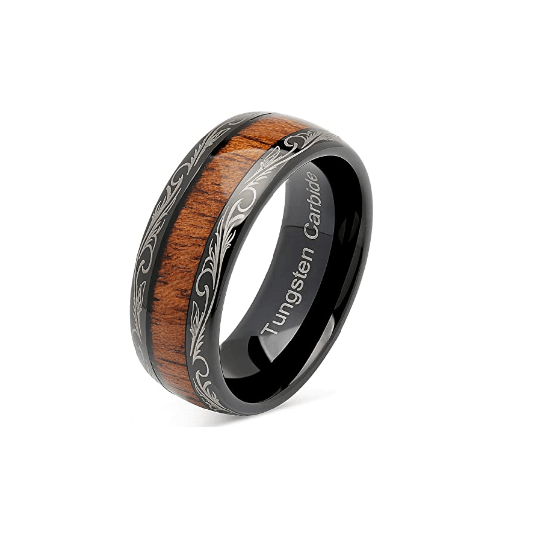 The Designer - Black Tungsten Wedding Band with Koa Wood Inlay