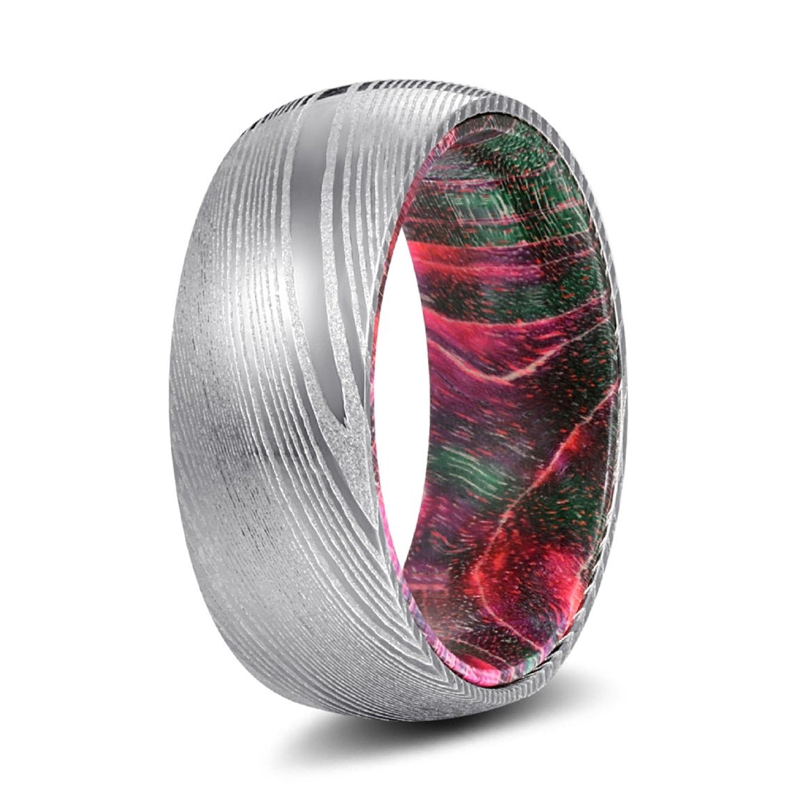 Xmas Steel - Damascus Steel with Green and Red Elder Wood Ring