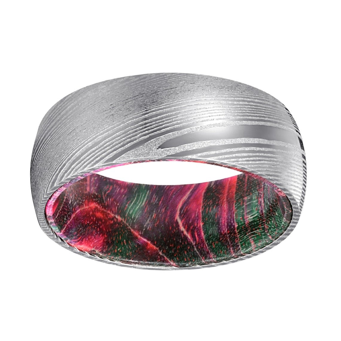 Xmas Steel - Damascus Steel with Green and Red Elder Wood Ring