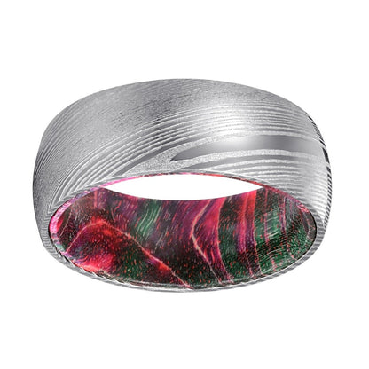 Xmas Steel - Damascus Steel with Green and Red Elder Wood Ring