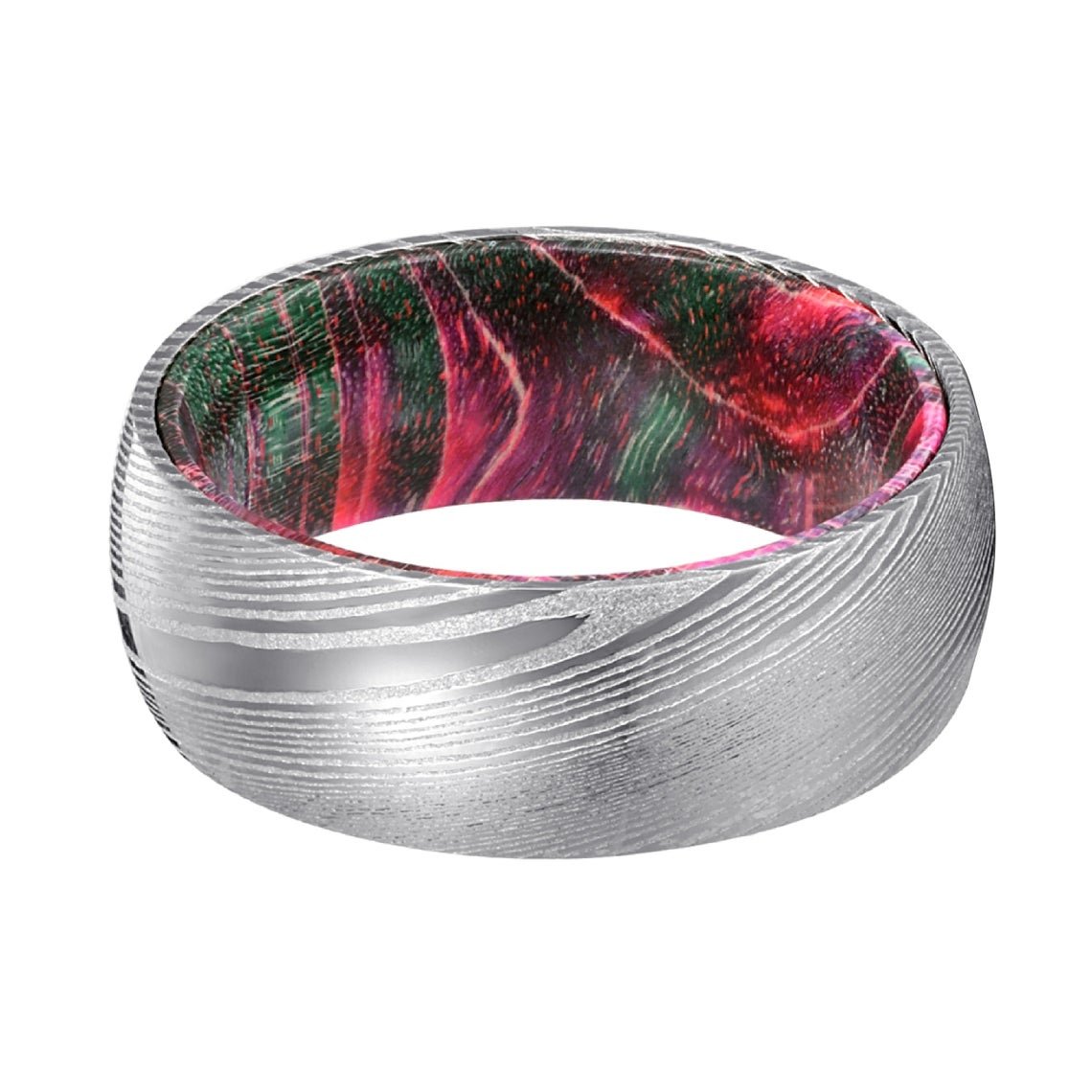 Xmas Steel - Damascus Steel with Green and Red Elder Wood Ring